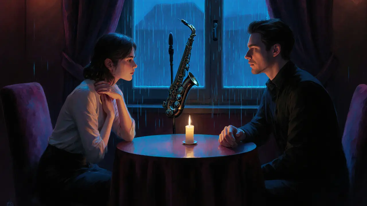 A couple in a hidden jazz lounge, candlelight between them, saxophone resting nearby, rain on the window.