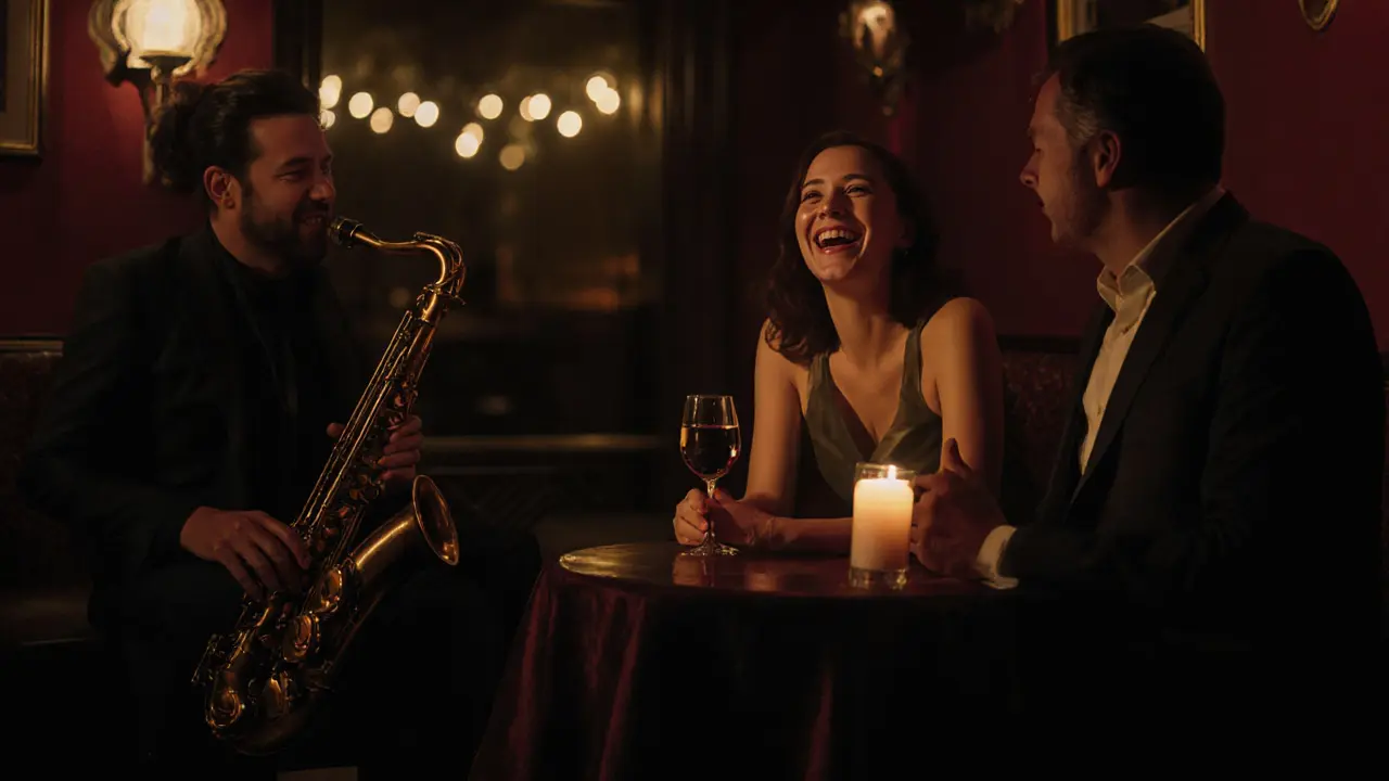 A couple shares an intimate evening at a quiet Munich jazz club with soft lighting.