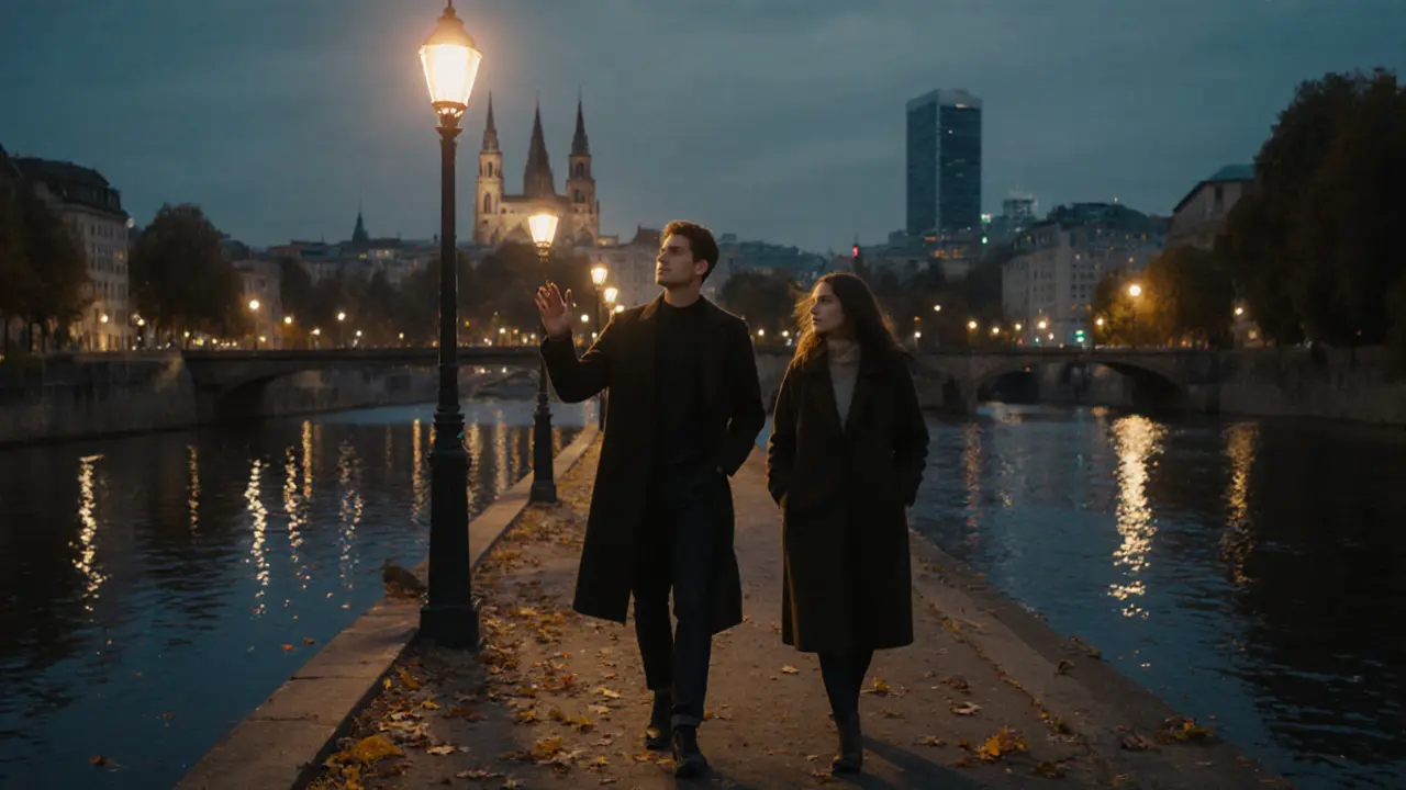 A couple walking along the Isar River at dusk, city lights reflecting on water, peaceful atmosphere.