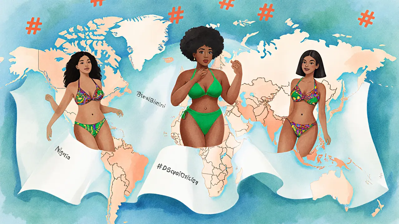 A giant bikini banner unfurling over a world map with silhouettes of women from different cultures emerging from it.