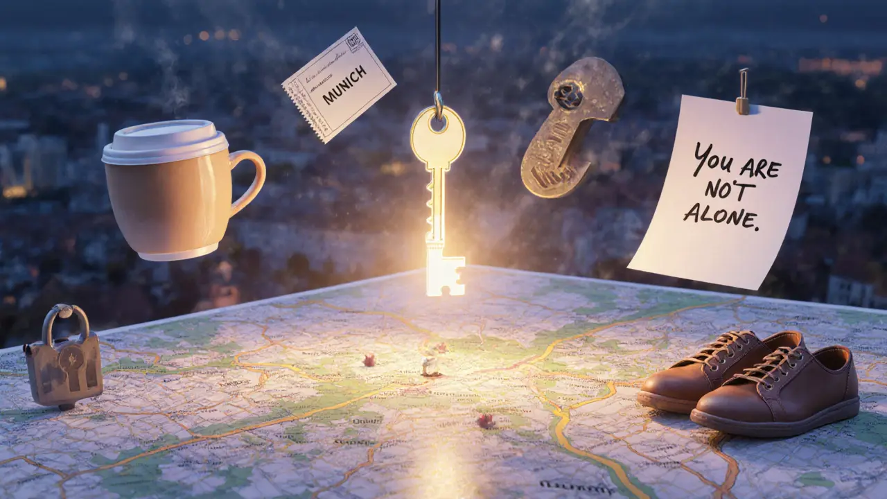 A glowing key hovers above a map of Munich, surrounded by symbols of connection and care.