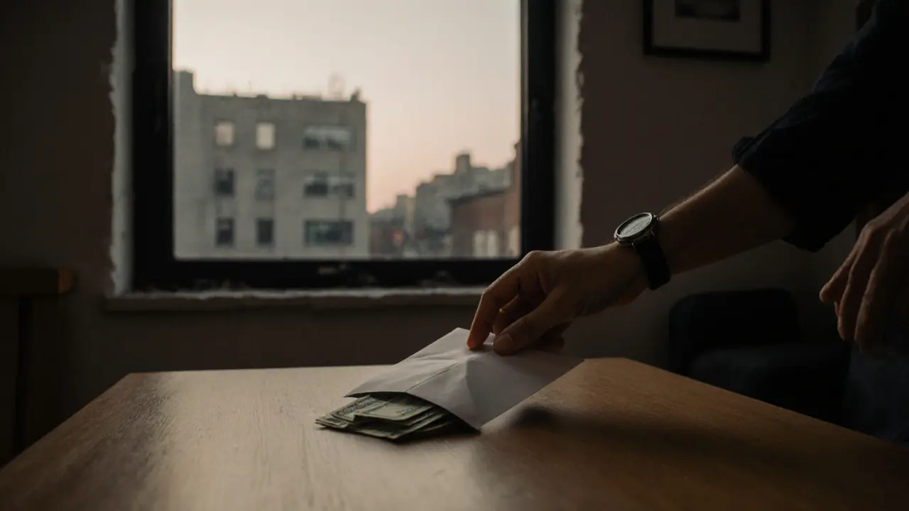 A hand places cash in an envelope on a plain table in a private apartment, no electronics or personal items visible.