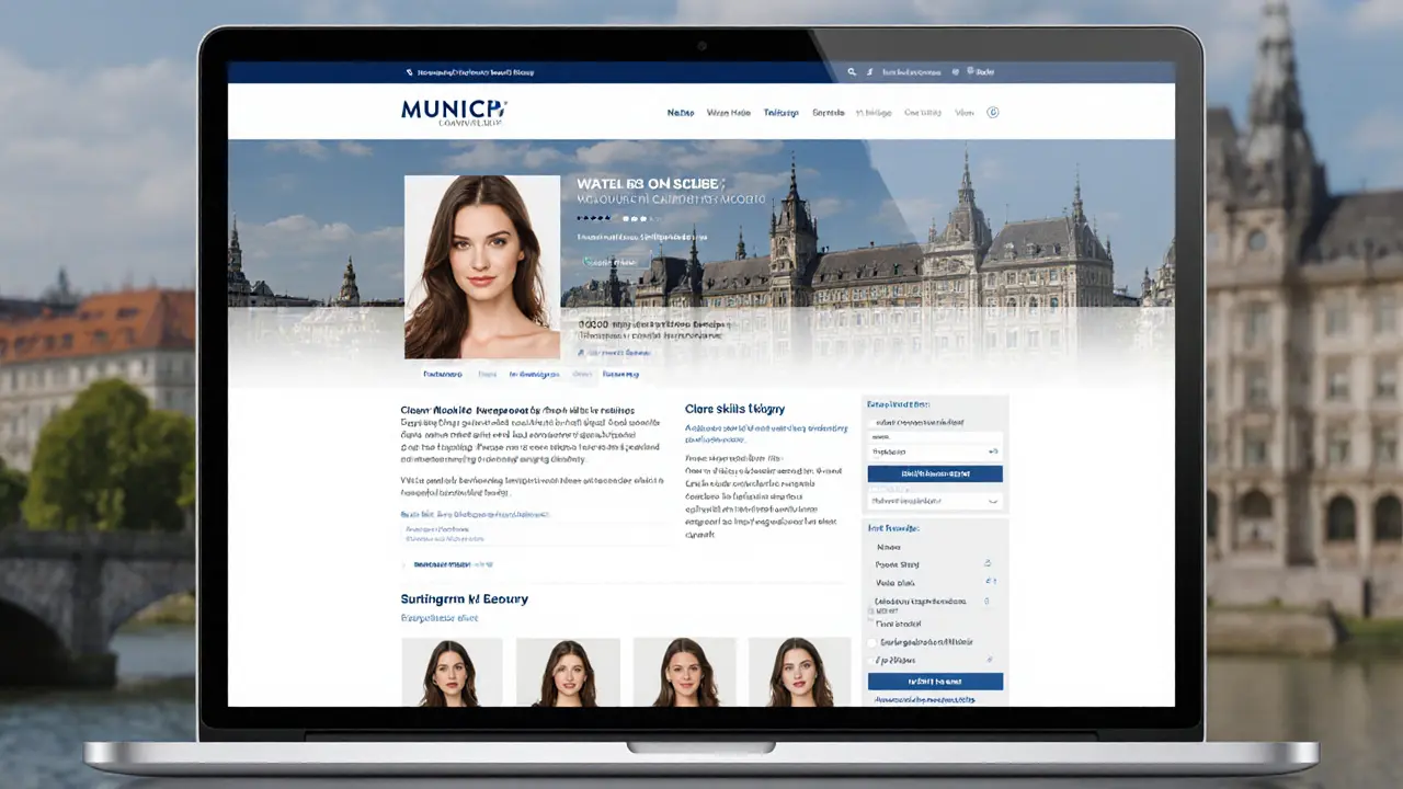 A laptop screen displaying verified escort profiles with detailed bios and reviews in Munich.