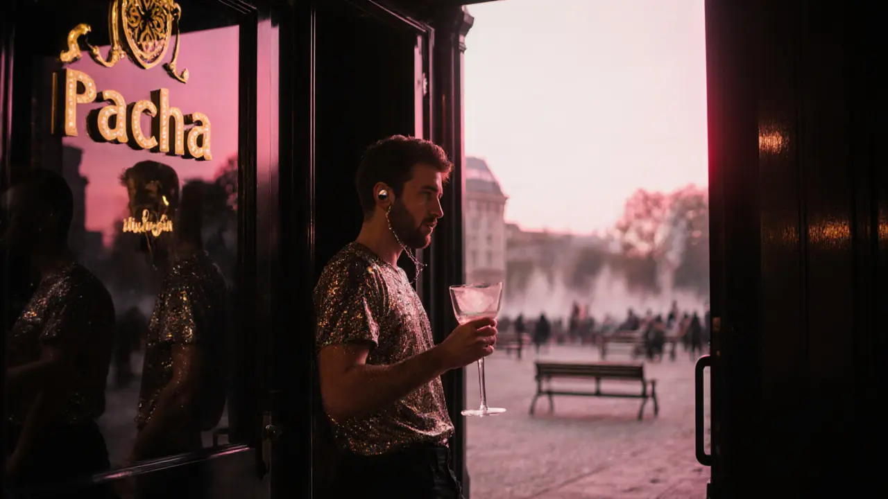 A lone dancer stepping out of Pacha Munich into pink sunrise after all-night dancing