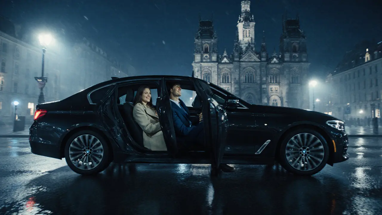A luxury car drives through Munich&#039;s historic old town at night, with a man and woman inside, illuminated by soft interior light.