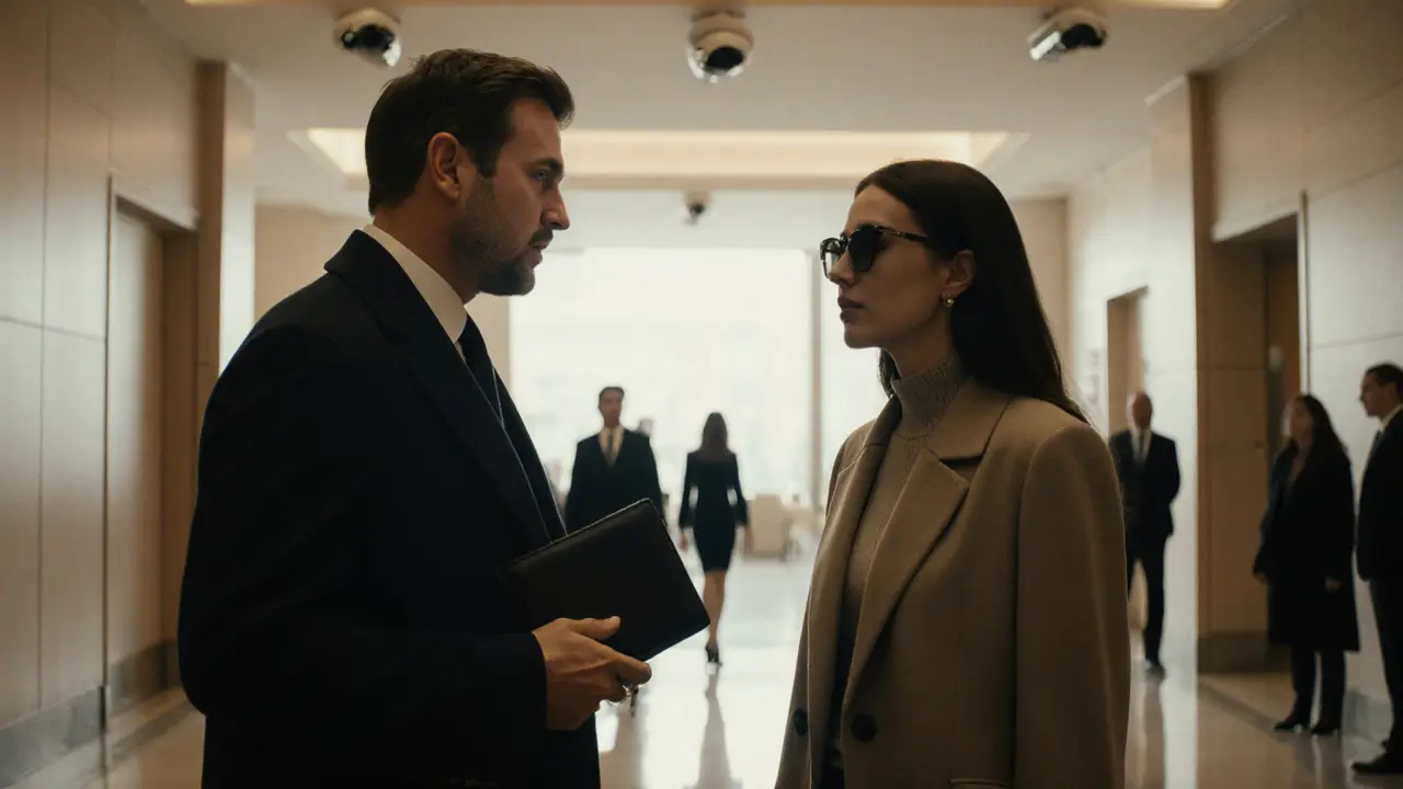 A man and woman exchanging a quiet nod in a hotel lobby, no physical contact.