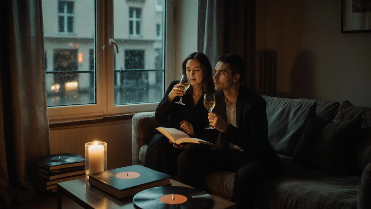 A man and woman share a quiet moment on a sofa in a cozy Munich apartment, sipping wine by candlelight.