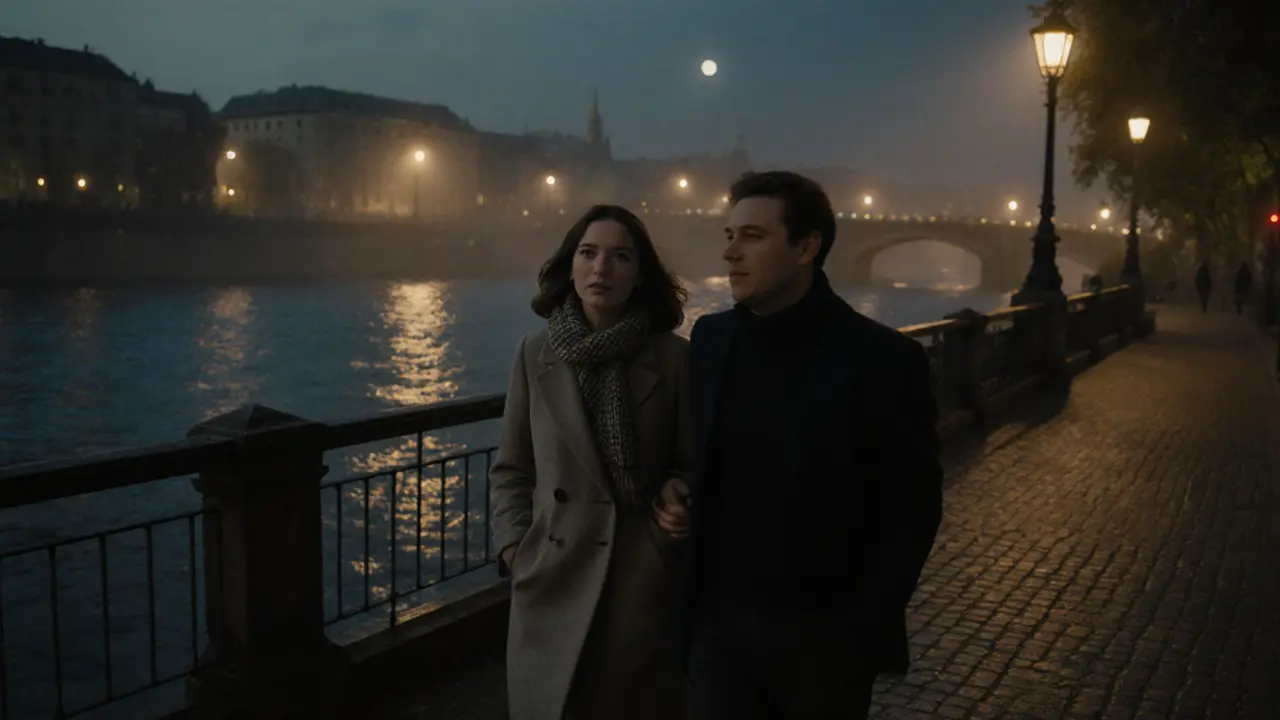 A man and woman walking peacefully along the Isar River at night, sharing a quiet moment under streetlights.