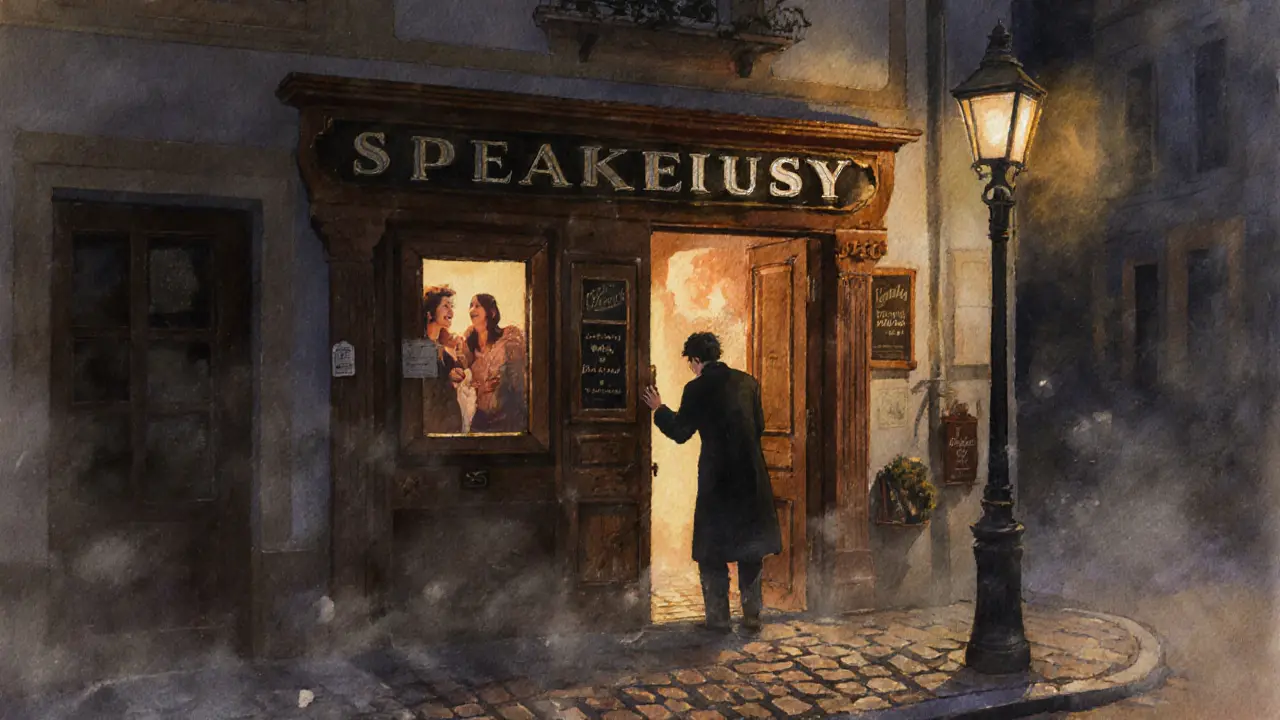 A mysterious unmarked wooden door in a Munich alleyway with a faint glow and a person knocking at night.