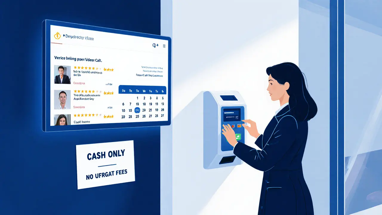 A professional escort agency office with verified reviews and a &#039;cash only&#039; payment sign.