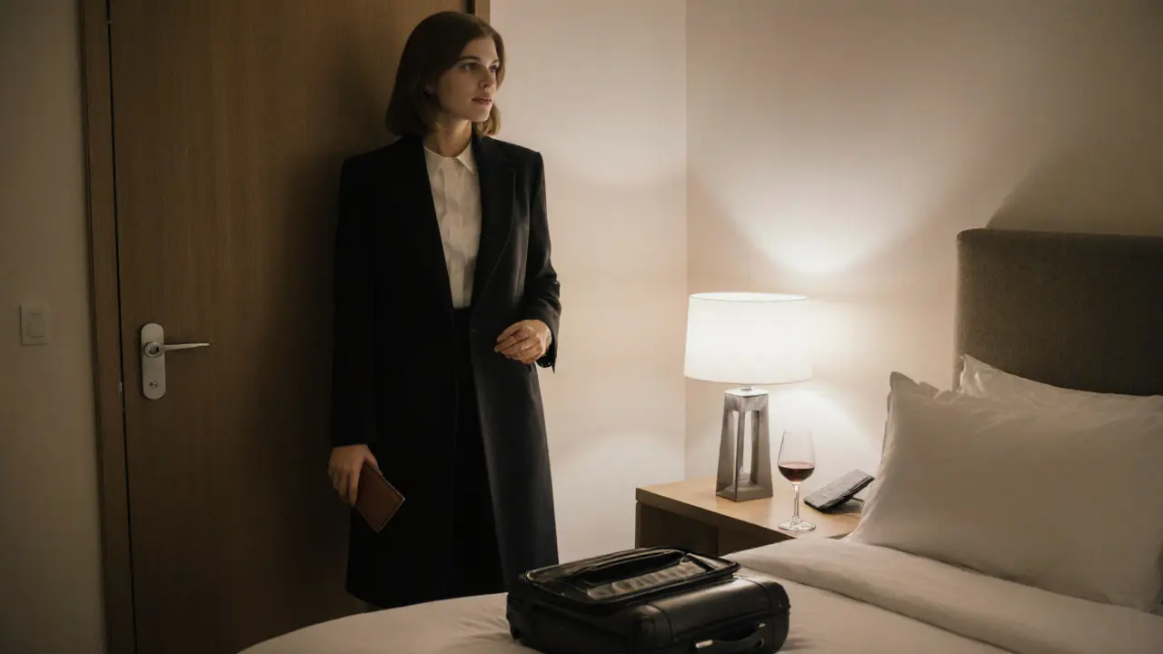 A professional woman standing in a hotel room in Munich, poised and ready to leave, ambient lighting.
