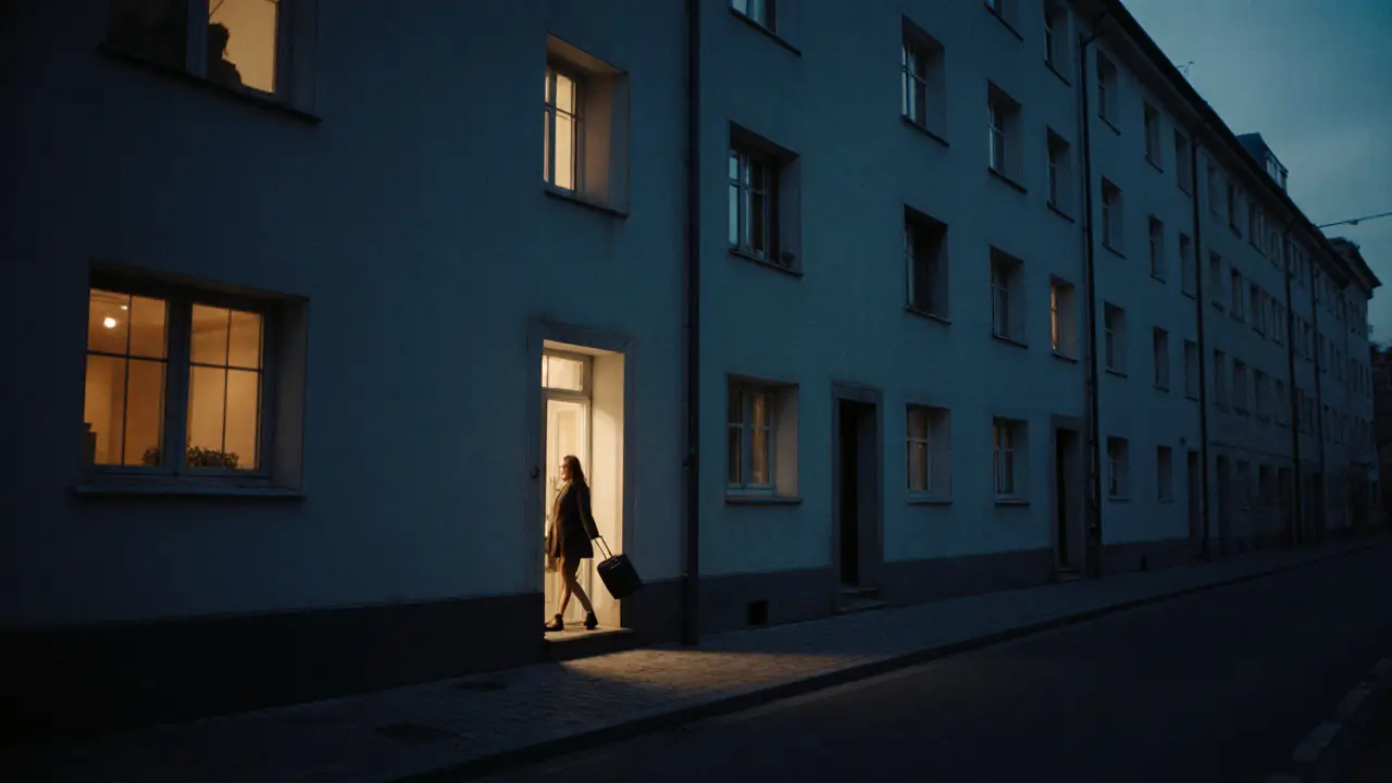 A quiet Munich street at dusk with one warmly lit apartment window.