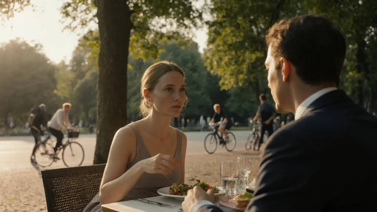 A woman and man enjoying a quiet dinner together in Englischer Garten during golden hour.