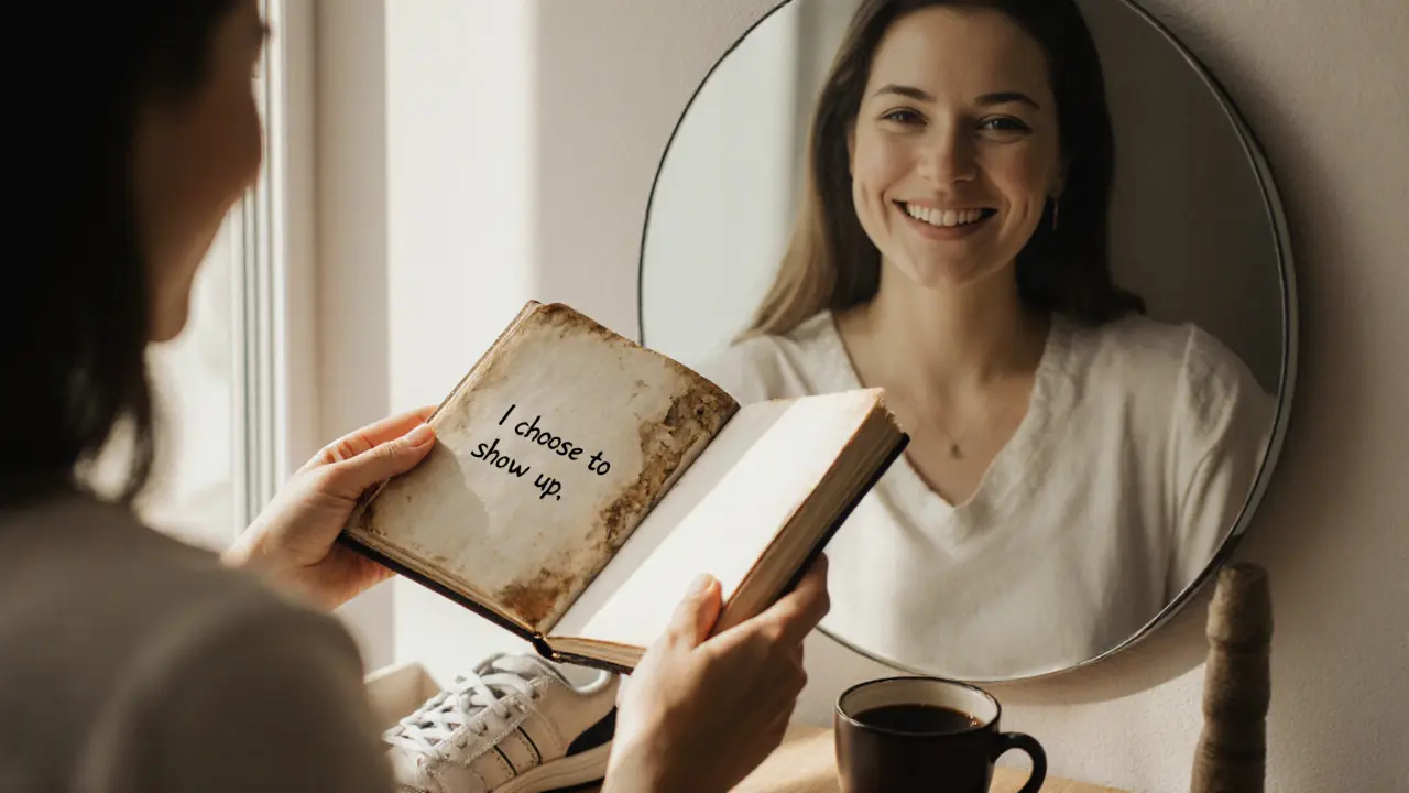 A woman holding a journal by a window, smiling at her reflection in the morning light.