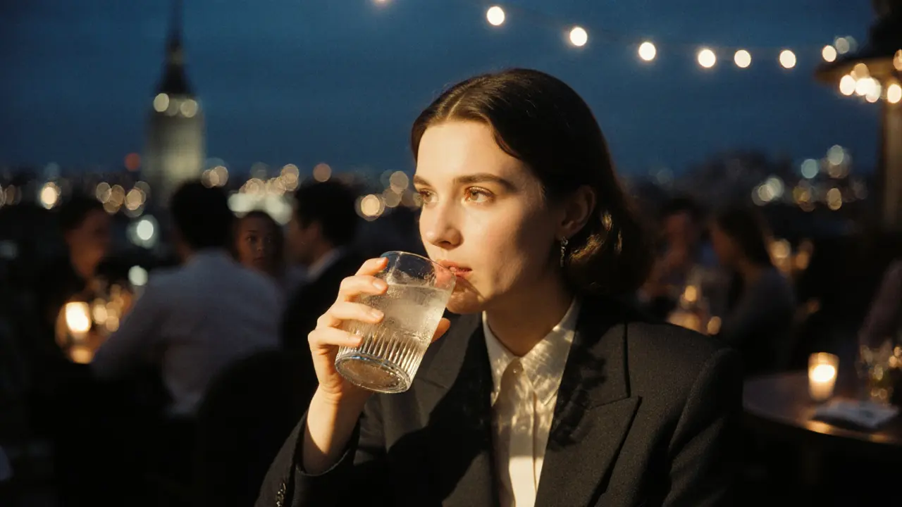 A woman in a tailored suit drinks a gin tonic at a rooftop bar, city lights glowing behind her, lost in quiet thought.