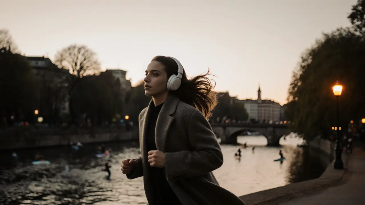 A woman jogs quietly in Englischer Garten at dusk, wool coat flowing, headphones on, with soft light filtering through trees.