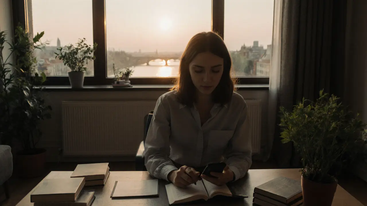 A woman preparing for a client meeting in her cozy Munich apartment with books and natural light.