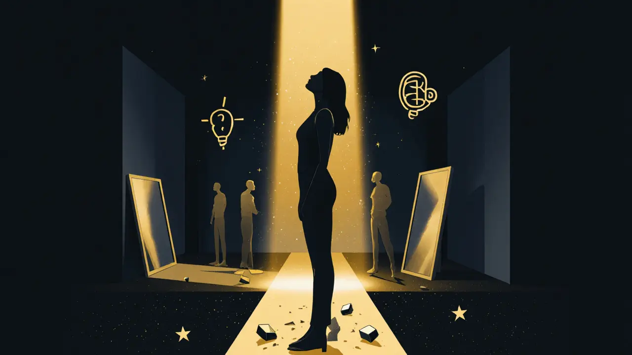 A woman stands tall radiating golden light, shadows of doubt crumbling beneath her, symbolizing inner confidence.