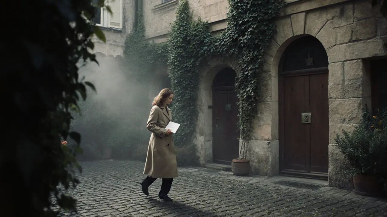 A woman walks alone through a misty courtyard garden in Munich, holding a sealed envelope, surrounded by historic architecture.