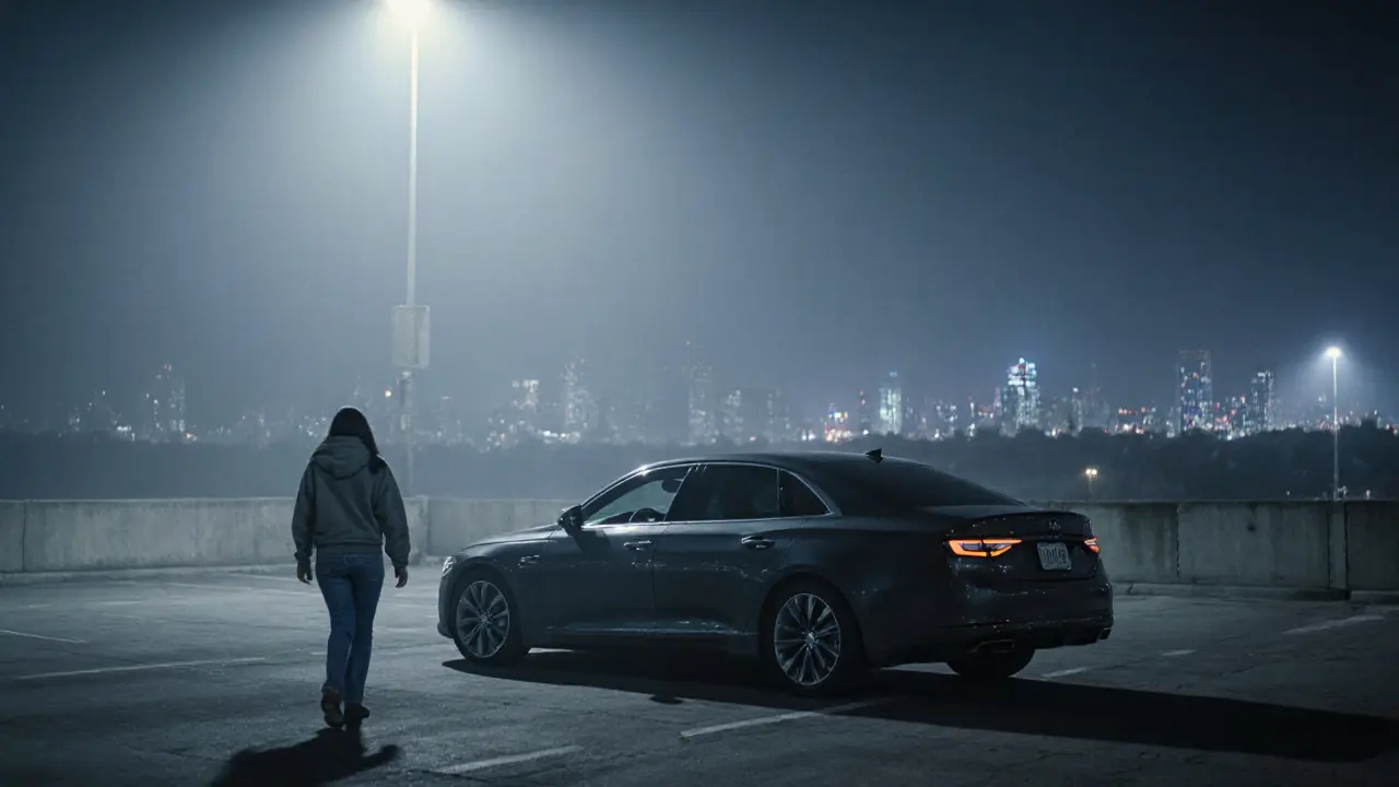 A woman walks away from an unmarked car in a foggy industrial parking lot at night, blending into the shadows.