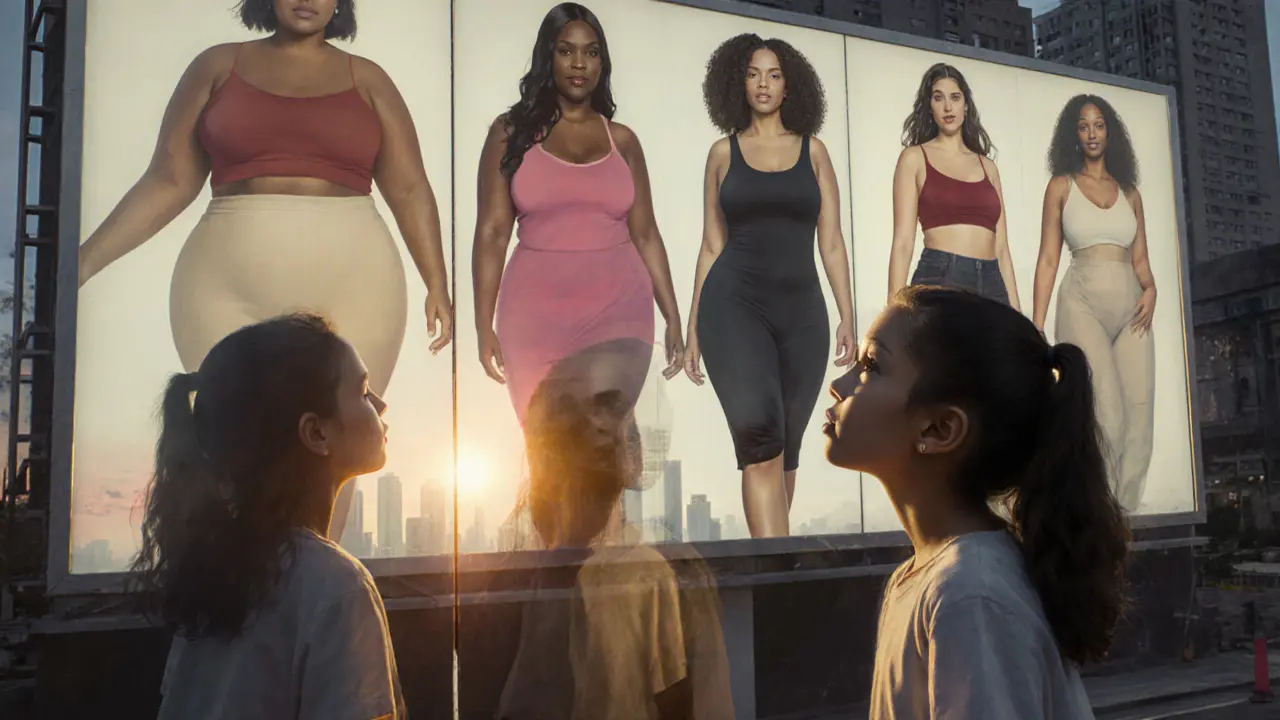A young girl gazing up at a billboard of diverse curvy models, seeing her own reflection in the glass.