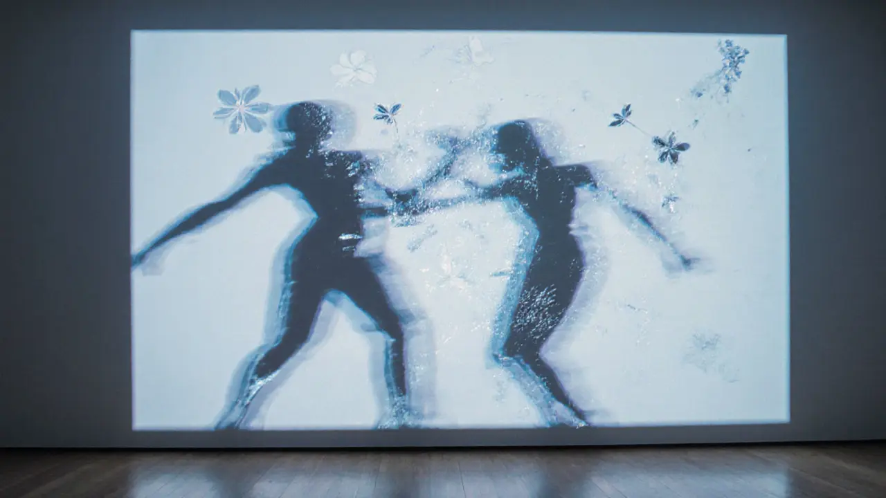 Abstract video art of moving female forms projected onto a white wall with soft light.
