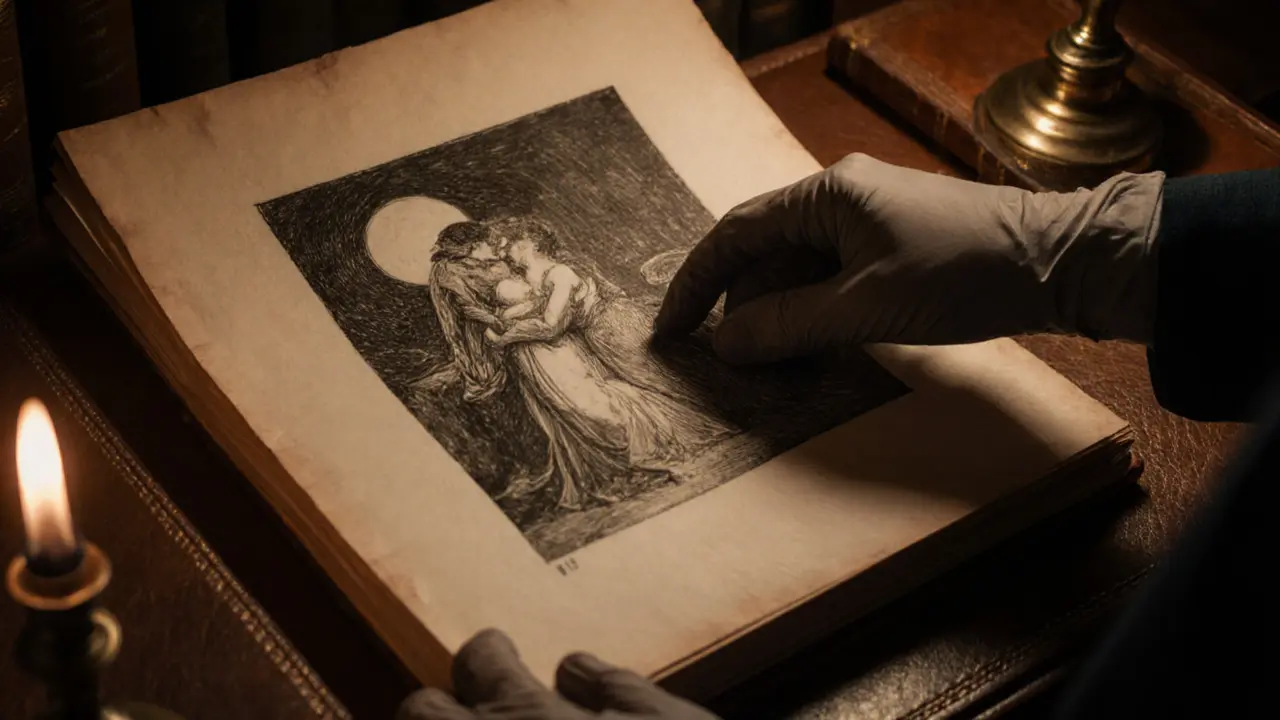 An antique erotic etching on paper being carefully turned by a curator&#039;s gloved hand.