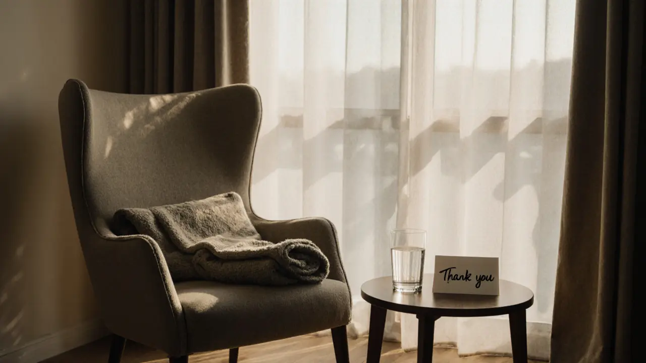 An empty private studio room with a handwritten note and glass of water in morning light.