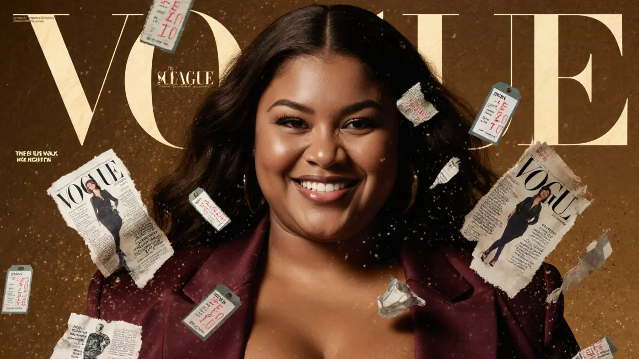 Ashley Graham on the cover of Vogue, surrounded by dissolving stereotypes of narrow beauty ideals.