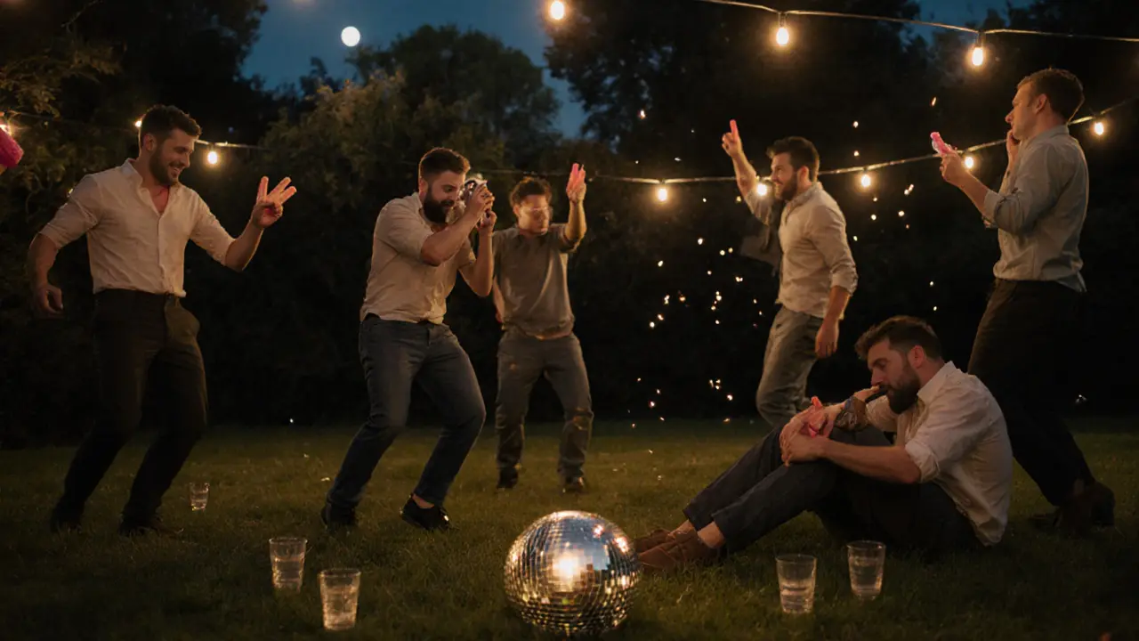 Backyard party at dawn with friends dancing softly under string lights and mirror ball