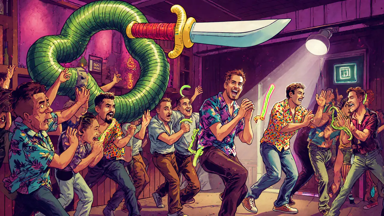 Comic-style conga line with inflatable sword and glow stick dancer at a wild bachelor party