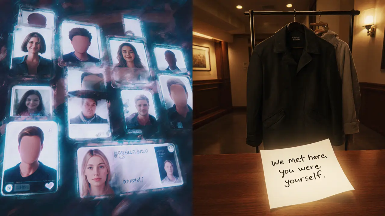 Contrasting scene: chaotic dating app on left, quiet hotel lobby with note on right symbolizing authentic human connection.