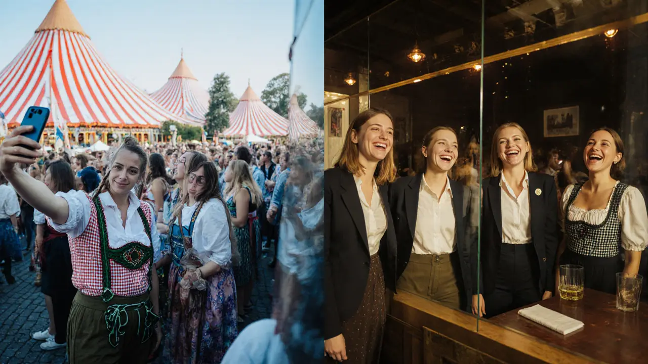 Contrasting scene: chaotic Oktoberfest crowd vs. quiet stylish group in a Munich bar.