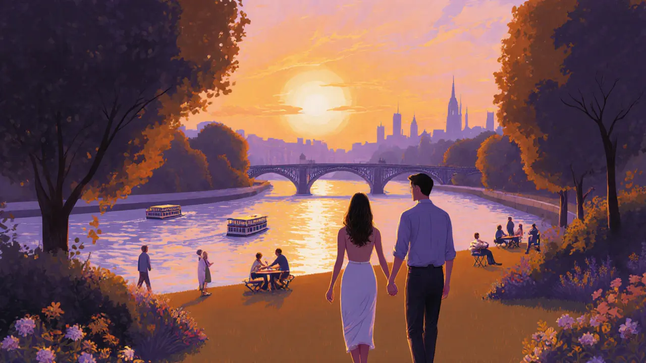 Couple walking peacefully through English Garden at sunset, river and skyline in background.