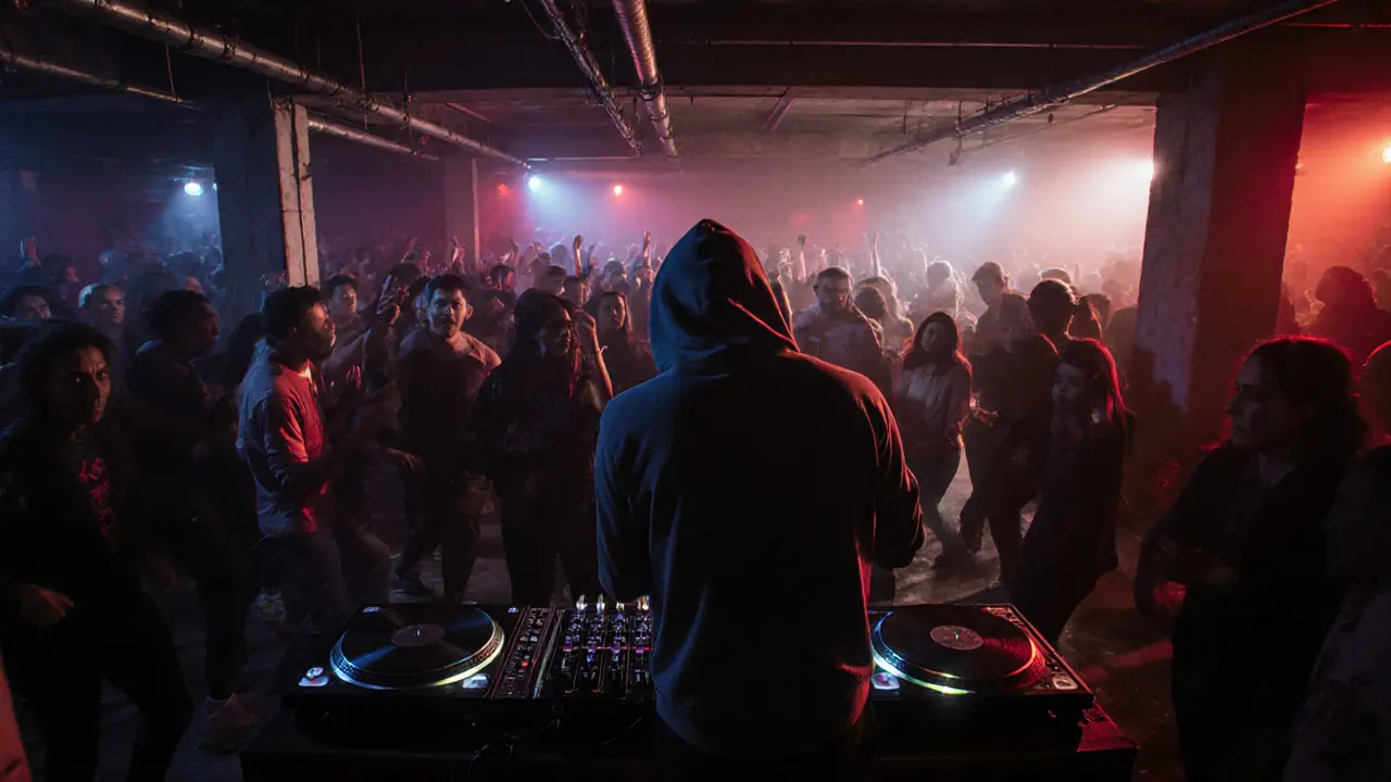 Crowd dancing in a dark underground techno club with strobe lights and industrial surroundings.