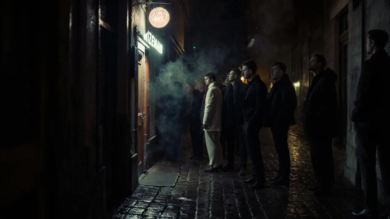 Dark alley leading to Wizemann club with quiet crowd waiting by a no-sign door, wet cobblestones reflecting dim light.
