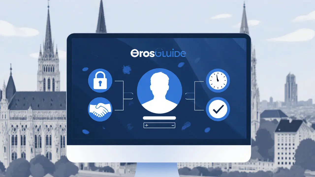 Digital interface showing verified escort profiles with safety icons, Munich landmarks in background.