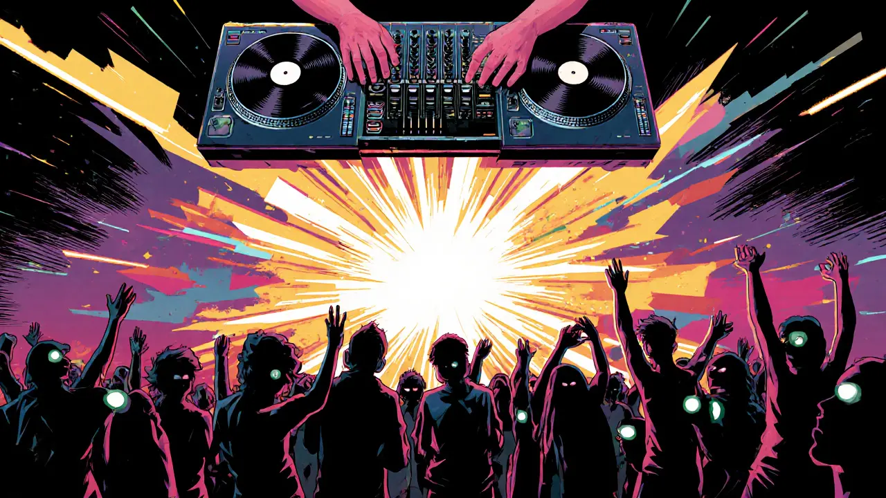 DJ creating explosive sound waves that merge techno, trap, and Latin rhythms in comic book style.