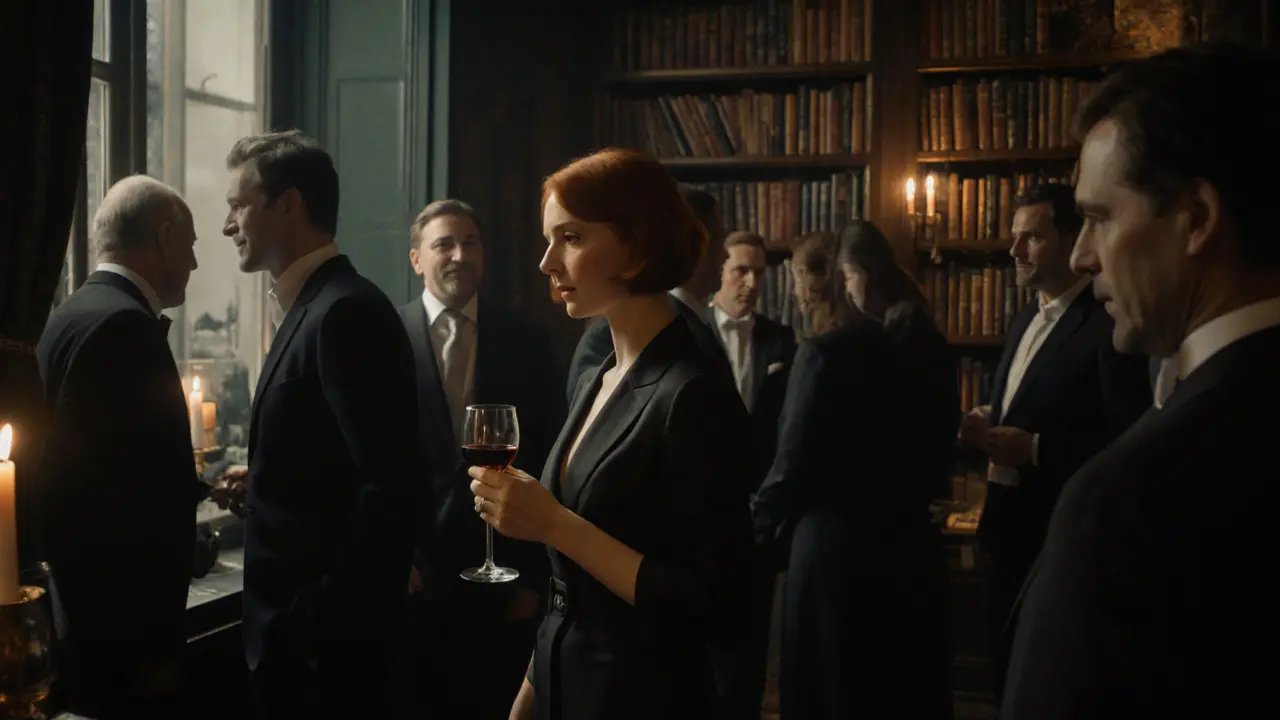 Elegant guests at a private literary salon in Schwabing, Munich, sharing quiet moments among bookshelves.