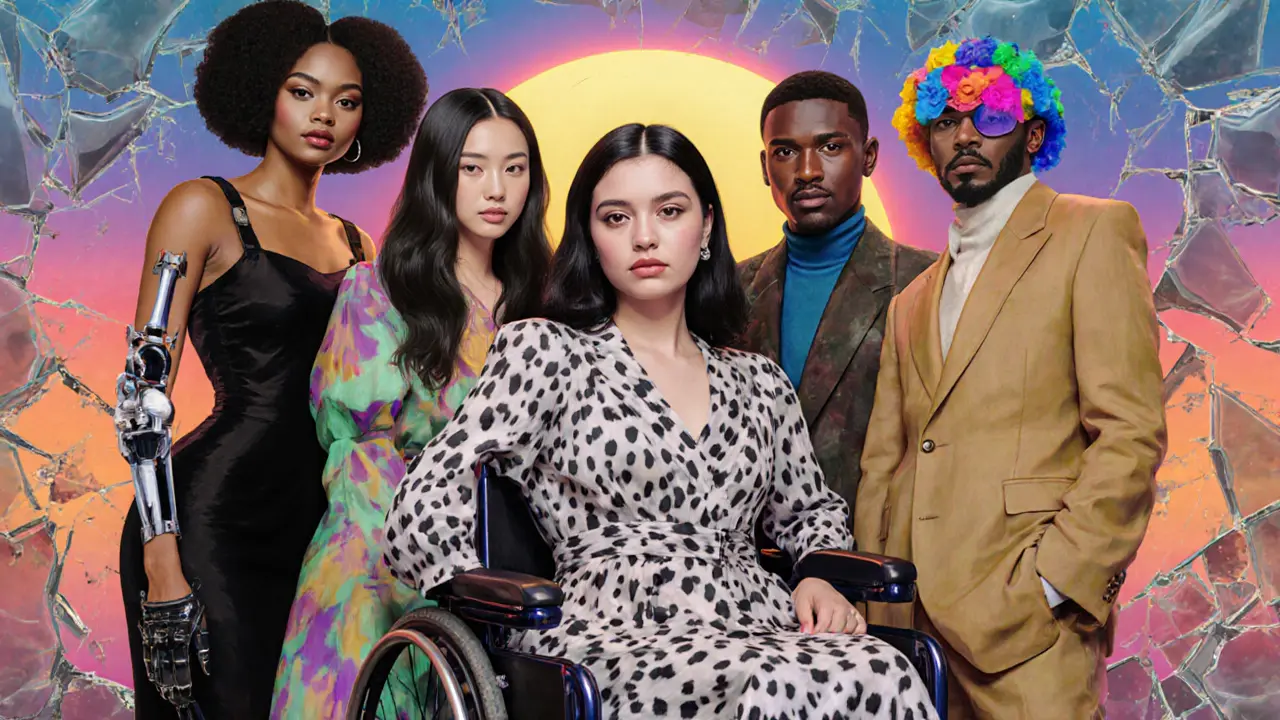 Five diverse models standing together—each with unique features—symbolizing inclusion and breaking fashion norms.