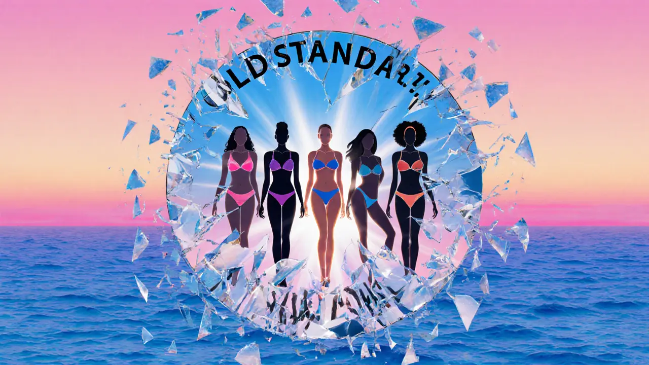 Five silhouettes emerging from broken mirror shards, symbolizing the rise of inclusive body types in swimwear.