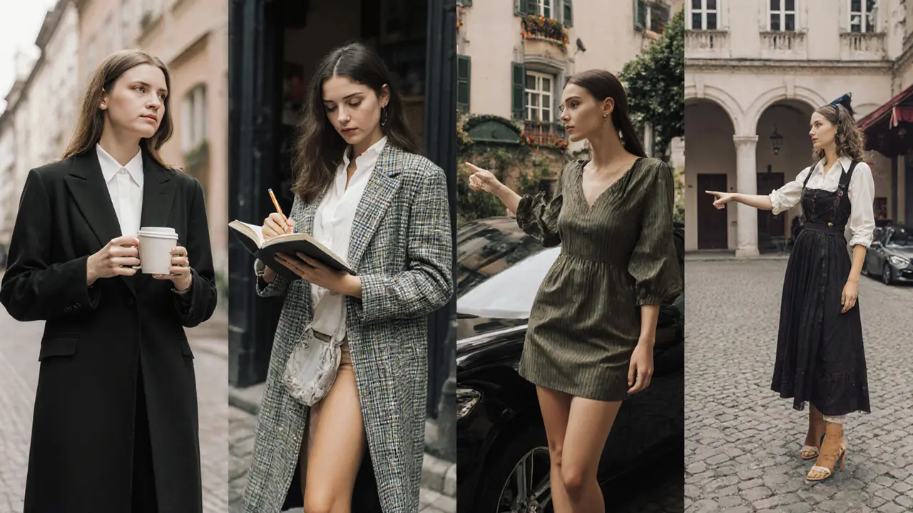 Four diverse women in Munich, each representing different escort types, urban background, no text.