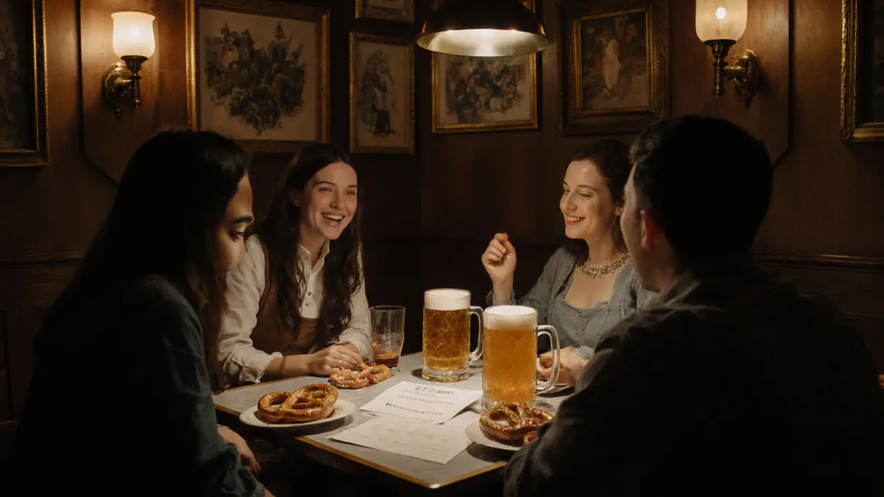 Friends debating a printed trivia sheet at a Bavarian brasserie, pretzels and beer on the table.