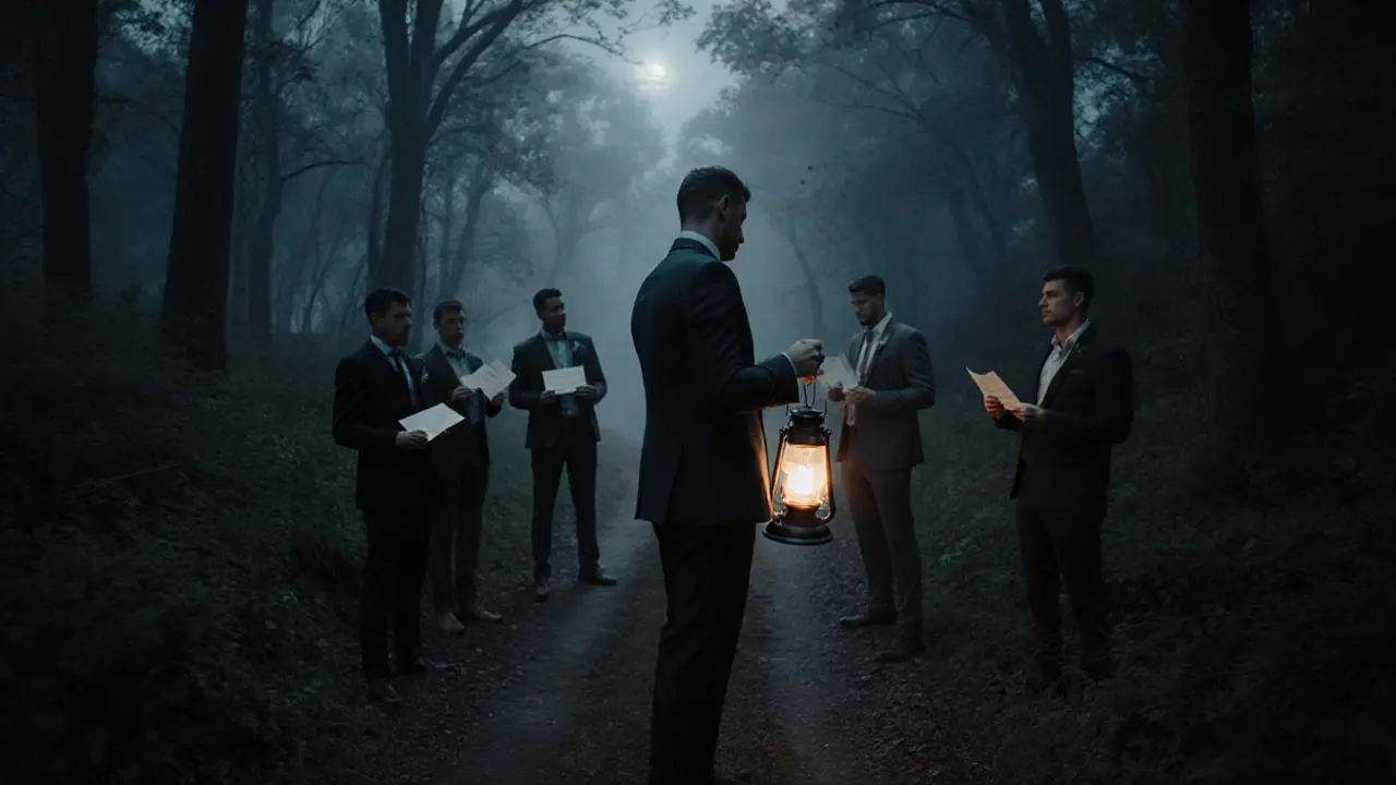 Groom and friends standing in a circle holding notes under moonlight in a misty forest.