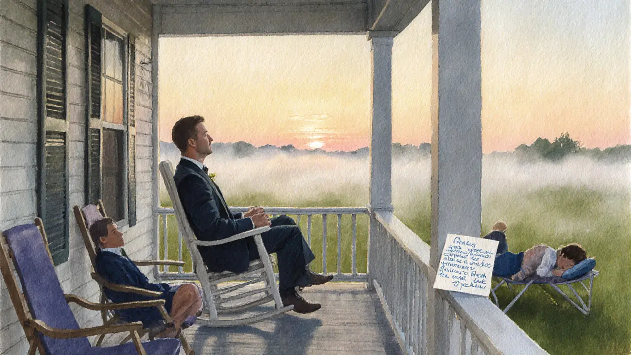 Groom sitting alone on a porch at dawn, friends sleeping nearby in quiet reflection.