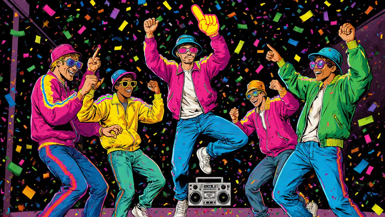 Group of men in 90s retro clothes dancing wildly in a basement with a boombox.