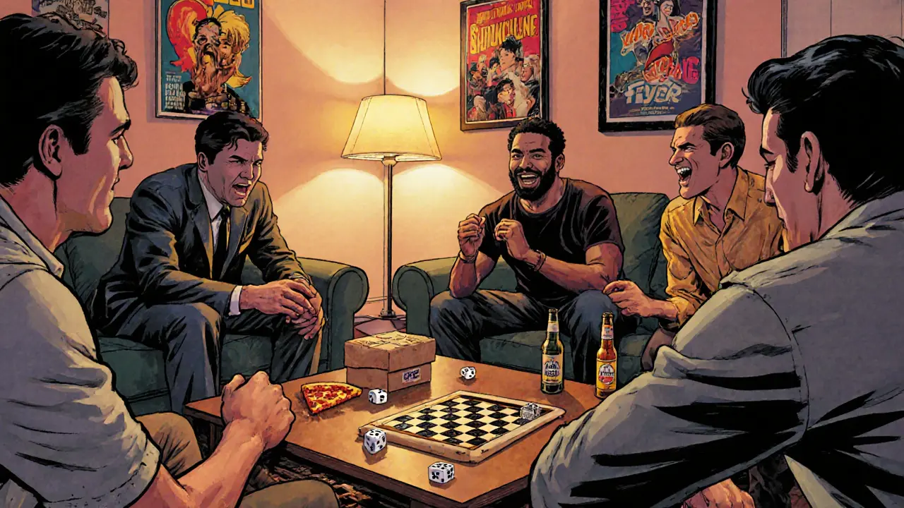 Group of men playing board games in a cozy living room with 80s movie posters.