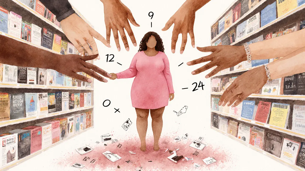 Hands from diverse backgrounds reaching toward a curvy silhouette as old size labels dissolve.