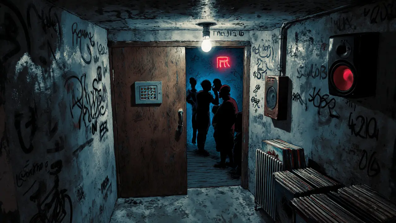 Hidden basement club entrance with graffiti walls and a keypad door, silhouettes whispering in the dark.