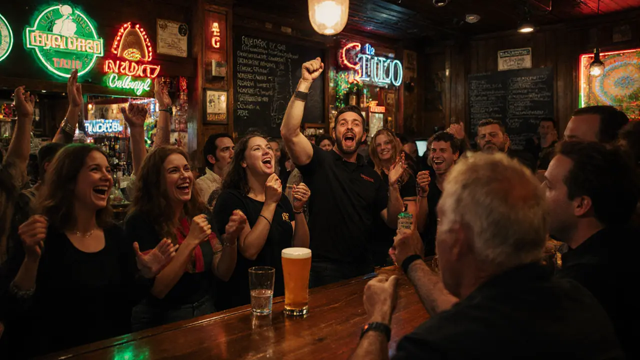International team celebrating a trivia win at an Irish pub in Munich, chalkboard with quiz themes visible.